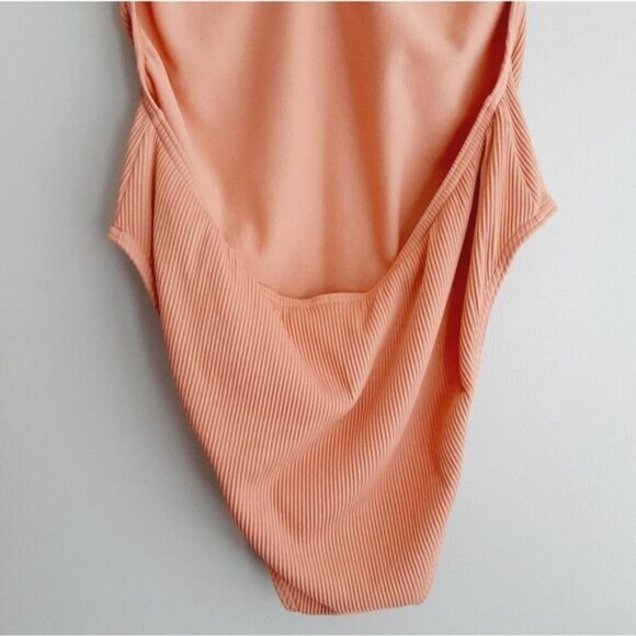 TOPSHOP Ribbed Plunge V-Neck Button Detail Swimsuit Nude One Piece Sz 10 - Picture 9 of 11